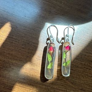 .925 sterling silver real rose encased flower earrings.